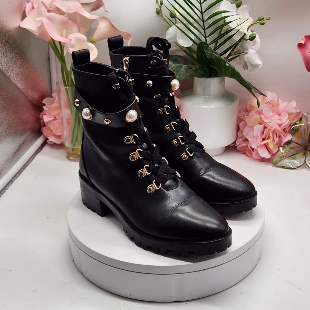 Karl Lagerfeld Lace-up Combat Boots Gold & Pearl Studded Sz 9.5M - Picture 11 of 15